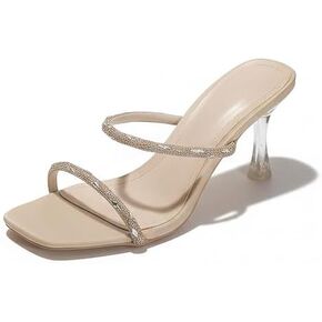 Women's PU Rhinestone Two Straps Backless Kitten Heels Slides Sexy Comfortable Square Open Toe Clear Low Heels Mules Sandals for Wedding Party Dress in Kuwait