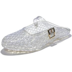 Jelly Mesh Flat Slide Sandals for Women Clear Hollow Closed Toe Slip On Comfort Breathable Mary Jane Mules Summer Beach Buckle Strap Low Heel Slippers Sandals in Kuwait