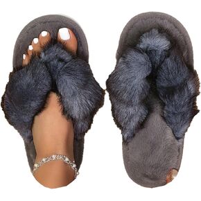 Molodo Cross Strap Fuzzy Flip Flops Soft Plush Thong Open Toe Anti-Slip Flat Indoor Outdoor Slippers for Women in Kuwait