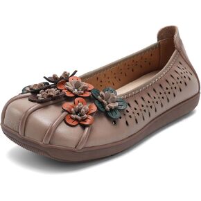 Women's Leather Flats Cut Out Elegant Flower Loafers Non Slip Breathable Square Toe Slip-On Low Heels Walking Shoes in Kuwait