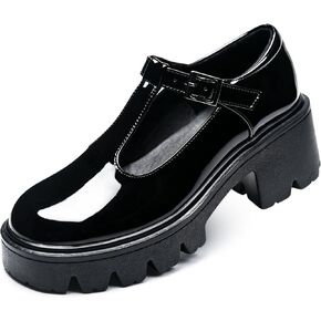 Black T-Strap Mary Jane Shoes for Women, Round Toe Block Heel Platform Patent Leather Dress Pumps in Kuwait