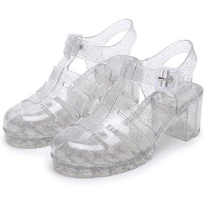 Womens Clear Jelly Sandals Glitter Strappy Cage Shoes Transparent Chunky Block Heel Ankle Strap Sandals for Summer in Kuwait