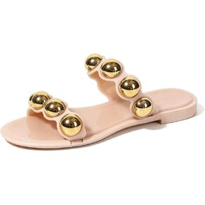 Jelly Sandals for Women Studded Metallic Jellies Shoes Two Strap Slide Slip On Beaded Gold Silver in Kuwait