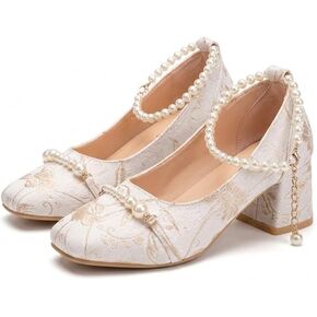Women's Elegant Vintage Floral Brocade Mary Jane Block Heels, Pearl Ankle Strap Square Toe Comfortable Wedding Party Pumps All Season in Kuwait