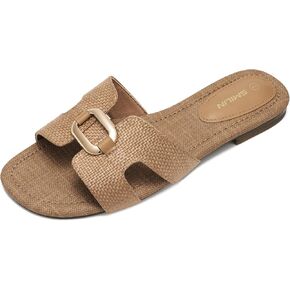 Raffia Sandals for Women, Woven Slides Flat Summer Vacation Beach Shoes | Breathable Woven Sandals & Rattan Flat Sandals for Women, Comfy Gold Buckle Slides for Women, Summer Beach Vacation Shoes in Kuwait