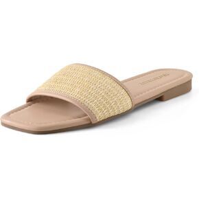 Women's Slides Flat Sandals Raffia Square Toe Comfortable Summer Beach Dressy Shoes in Saudi Arabia