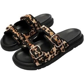 Women's Leopard Metal Buckle Non Slip Beach Flip Flops Flat Sandals Slides in Kuwait