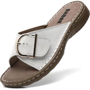 Women's Genuine Leather Slide Sandals with Adjustable Arch Support | Premium first-layer cowhide, adjustable hook and loop strap for wide feet, cushioned memory foam footbed for daily comfort in Kuwait