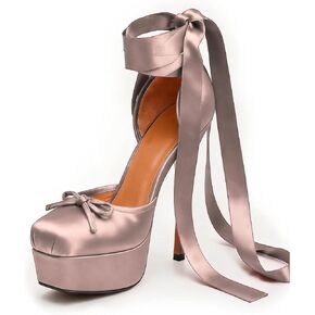 Ballet Heels Closed Toe Heels for Women Satin Ballerina Bow Heel Stiletto Lace Up High Heel Strappy Cute Women's Lace Up Platform High Heels Bow Ribbon Closed Toe Stiletto High Heel Wedding Dress Mary Jane Shoes in Saudi Arabia