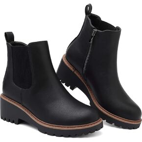 Women's Chelsea Wedge Boots Side Zip Lug Sole Round Toe Fall Ankle Boots | Side zipper closure, elastic gore panel, cushioned insole, thick lug outsole, low wedge heel, everyday walking comfort in Kuwait