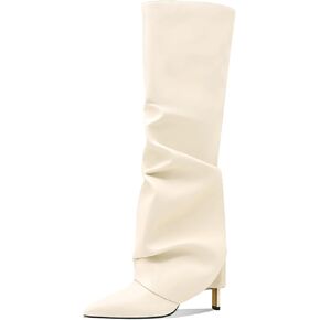 Women's Knee High Boots Fold Over High Heel Pointed Toe Black White Long Boots Women Dress Tall Boots for Women in Kuwait