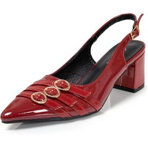 كعب مثير أحمر بكعب Slingback للنساء 2.4 بوصة منخفض مكتنزة كتلة مضخات المرأة وأشار مغلقة اصبع القدم حبال الظهر أحذية مريحة أنيقة عارية الذراعين الكعب in Kuwait