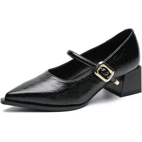 Spring New Pointed Toe Mary Jane High Heel Chunky Heel Pumps Shoes Elegant Simple Fashion All-Match,Black/Brown,Model 83656-1 in Kuwait