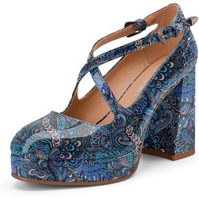 Oh Mispares Women's Platform Mary Jane Chunky Heels Cross Ankle Strap Closed Round Toe High Heel Pumps Casual Dress Comfortable Patent Leather Shoes 4 Inch in Saudi Arabia