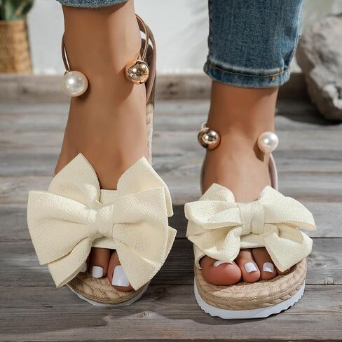 Sandals for Women Textile Lightweight Non Slip Breathable Flat Platform Sandals Bow Ornament Pearl Ankle Cuff Open Toe Summer Beach Vacation Footwear in Kuwait