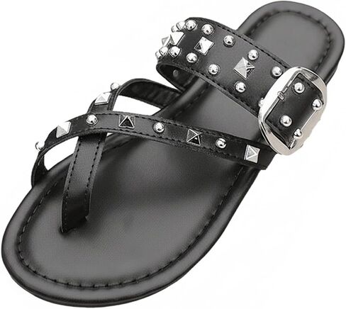 Studded Sandals for Women Cross Strap Thong Sandals Strappy Studded Shoes Open Toe Slip On Buckle Rivet Stud Embellished Summer in Kuwait