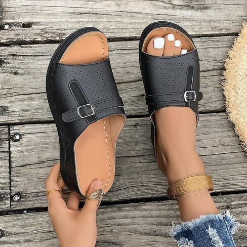 Women's Adjustable Buckle Perforated Wedge Slide Sandals, Open Toe Breathable Comfort Slip-On Shoes for Summer Casual Wear in Kuwait