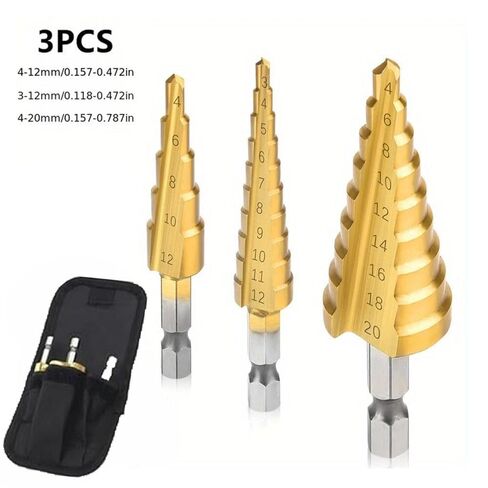 Universal Precision Titanium-Coated HSS Step Drill Bit Set 3pc for Metal, Wood & Plastic Drilling in Kuwait