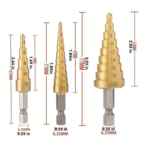 Universal Precision Titanium-Coated HSS Step Drill Bit Set 3pc for Metal, Wood & Plastic Drilling in Kuwait