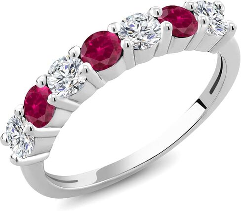 Gem Stone King 925 Sterling Silver White Lab Grown Diamond and Gemstone Birthstone Wedding Band Engagement Anniversary Ring | Round 3.5MM | 7 Stone Promise Ring For Women in Saudi Arabia