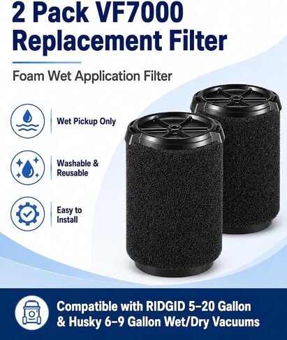 VF7000 Replacement Filter for Ridgid Shop Vacuums 5-20 Gallon, 2 Pack | Wet Application Filter for Ridgid Wet Dry Vac, Wet Pick Up Filter for Husky Shop Vacuum Cleaner 6-9 Gal, Shop Vac Wet Filter in Kuwait