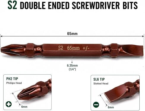 PH2/SL6 Double End Screwdriver Bit Set, 6 Pcs Magnetic Phillips and Slotted Bits, 65mm S2 Steel Dual End Driver Bits, 1/4 Inch Hex Shank for Power Drill and Impact Driver in Kuwait