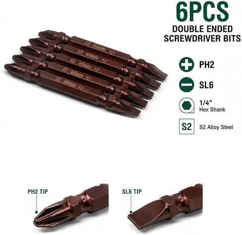 PH2/SL6 Double End Screwdriver Bit Set, 6 Pcs Magnetic Phillips and Slotted Bits, 65mm S2 Steel Dual End Driver Bits, 1/4 Inch Hex Shank for Power Drill and Impact Driver in Kuwait