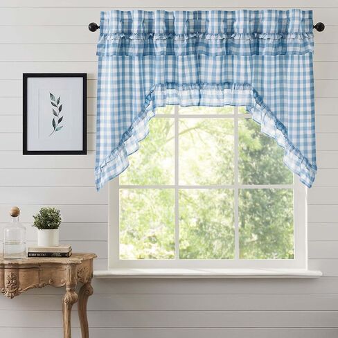 VHC Brands Annie Buffalo Blue Ruffled Check Farmhouse Kitchen Curtain Valance 16x72 in Saudi Arabia