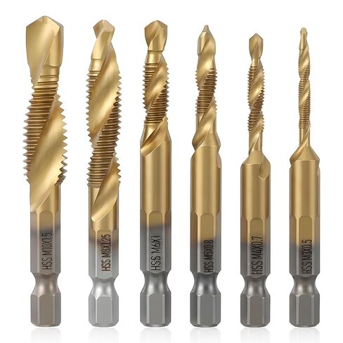 6 Pcs Drill Tap Set, Metric M3 M4 M5 M6 M8 M10, Titanium Coated Carbon Steel Combination Drill and Tap Bits, Hex Shank Thread Tapping Tool for Aluminum Plastic Wood Gold Metal Drilling Kit in Kuwait
