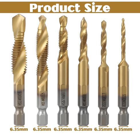 6 Pcs Drill Tap Set, Metric M3 M4 M5 M6 M8 M10, Titanium Coated Carbon Steel Combination Drill and Tap Bits, Hex Shank Thread Tapping Tool for Aluminum Plastic Wood Gold Metal Drilling Kit in Kuwait