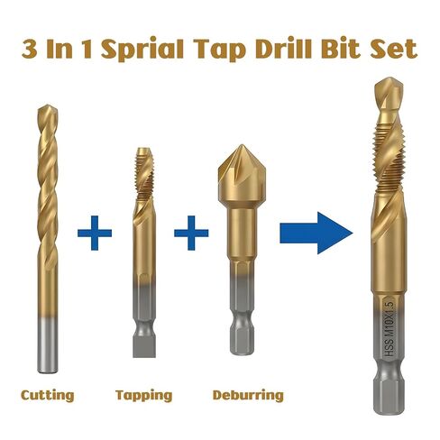 6 Pcs Drill Tap Set, Metric M3 M4 M5 M6 M8 M10, Titanium Coated Carbon Steel Combination Drill and Tap Bits, Hex Shank Thread Tapping Tool for Aluminum Plastic Wood Gold Metal Drilling Kit in Kuwait