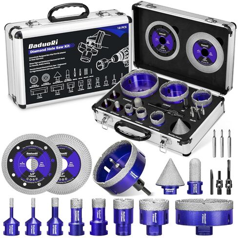 14 PCS Diamond Hole Saw Kit with Pilot Bit Adapter, 1/4" - 2 1/2" Thickened Core Drill Bit Set, Includes Tile Shaping Cone & Diamond Saw Blade, for Porcelain, Ceramic, Granite, Marble, Stone in Kuwait