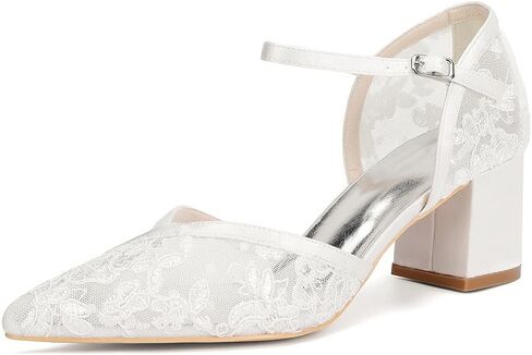 Women's Lace Wedding Shoes for Bride Low Block Heels Ankle Strap Closed Toe Bridal Shoes in Saudi Arabia