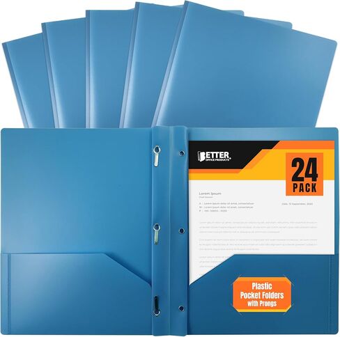 Better Office Products Light Blue Plastic 2 Pocket Folders with Prongs, 24 Pack, Heavyweight, Letter Size Poly Folders with 3 Metal Prongs Fastener Clips, Light Blue in Kuwait
