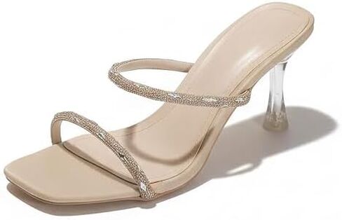 Women's PU Rhinestone Two Straps Backless Kitten Heels Slides Sexy Comfortable Square Open Toe Clear Low Heels Mules Sandals for Wedding Party Dress in Kuwait