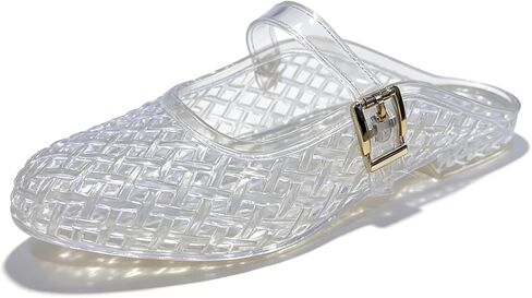 Jelly Mesh Flat Slide Sandals for Women Clear Hollow Closed Toe Slip On Comfort Breathable Mary Jane Mules Summer Beach Buckle Strap Low Heel Slippers Sandals in Kuwait