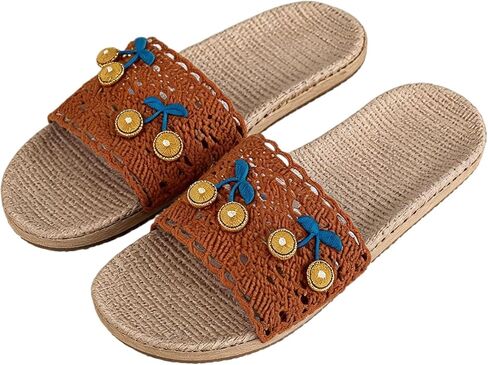 Cute Cherry Linen Slippers for Women Summer Crochet Lace Slide Sandals Breathable Flax House Shoes Non Slip Soft Sole in Kuwait
