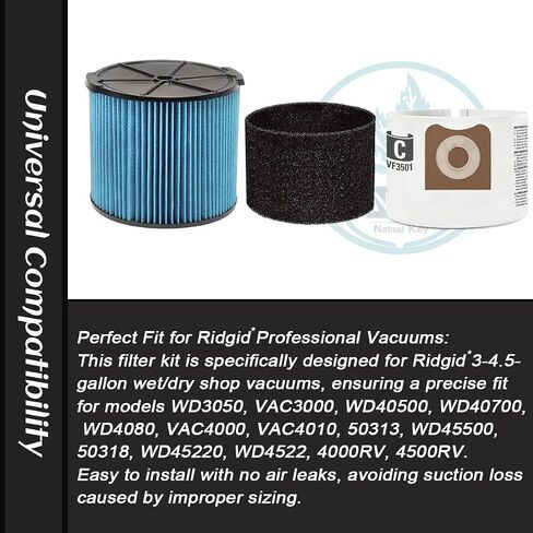 1 Pack VF3500 Filters + 2 Pack Foam Sleeves + 2 Pack VF3501 Bags, for Ridgid WD3050 WD4080 4000RV 4500RV, Compatible with 3-4.5 Gallon Shop Vac Wet/Dry Vacuums in Kuwait