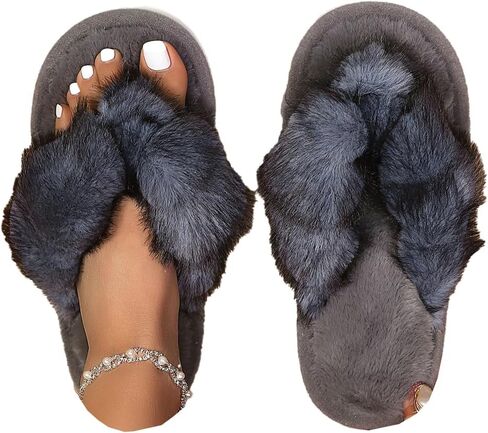 Molodo Cross Strap Fuzzy Flip Flops Soft Plush Thong Open Toe Anti-Slip Flat Indoor Outdoor Slippers for Women in Kuwait
