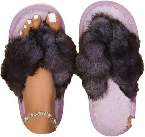 Molodo Cross Strap Fuzzy Flip Flops Soft Plush Thong Open Toe Anti-Slip Flat Indoor Outdoor Slippers for Women in Saudi Arabia