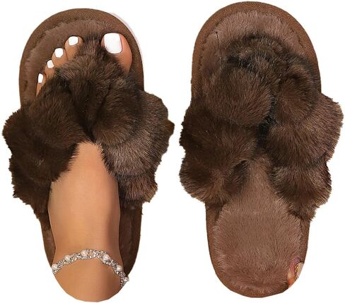 Molodo Cross Strap Fuzzy Flip Flops Soft Plush Thong Open Toe Anti-Slip Flat Indoor Outdoor Slippers for Women in Saudi Arabia