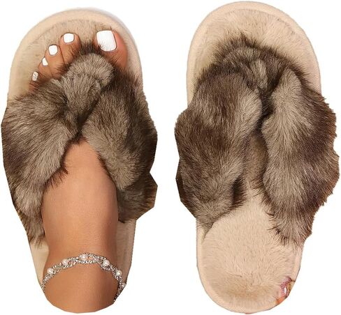 Molodo Cross Strap Fuzzy Flip Flops Soft Plush Thong Open Toe Anti-Slip Flat Indoor Outdoor Slippers for Women in Saudi Arabia