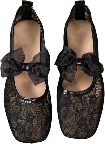 GORGLITTER Women's Lace Mesh Ballet Flats Bow Embroidery Square Closed Toe Ballerina Flats Comfortable Casual Work Shoes in Kuwait