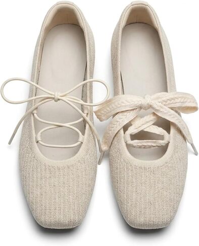 Women's Knit Lace-up Ballet Flats Square Toe Ballerina Shoes Soft Comfortable Breathable Balletcore Dress Walking Pumps in Kuwait