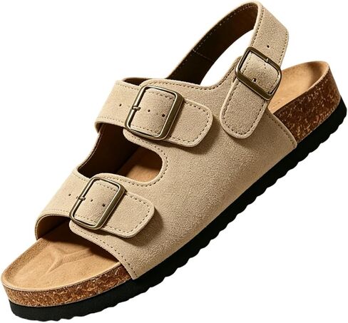 Womens Cork Sandals with Back Strap and Adjustable Double Buckle Leather Comfortable Footbed Sandals Open Toe Flat Slide Summer Beach Shoes Casual Non Slip in Kuwait