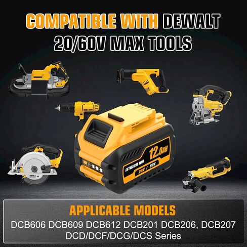 2-Pack 12000mAh High Capacity Battery and DCB102 Charger Replacement for Dewalt 20V/60V MAX Lithium Ion Battery Compatible with DCB606 DCB609 DCB612 DCB208 DCB207 DCB206 Cordless Power Tools in Saudi Arabia