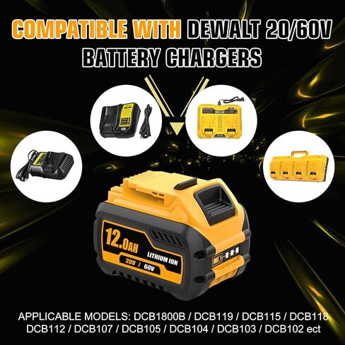2-Pack 12000mAh High Capacity Battery and DCB102 Charger Replacement for Dewalt 20V/60V MAX Lithium Ion Battery Compatible with DCB606 DCB609 DCB612 DCB208 DCB207 DCB206 Cordless Power Tools in Saudi Arabia