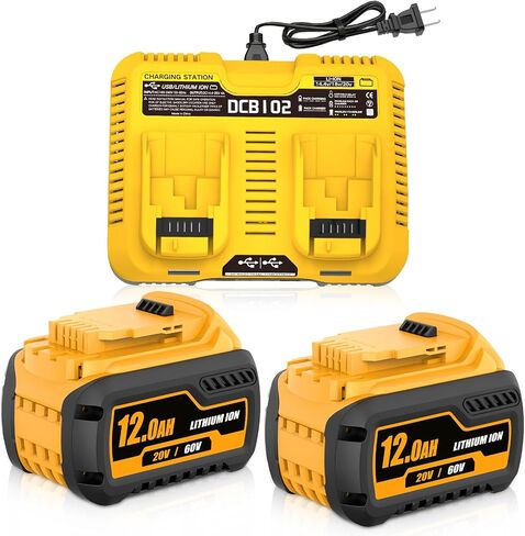 2-Pack 12000mAh High Capacity Battery and DCB102 Charger Replacement for Dewalt 20V/60V MAX Lithium Ion Battery Compatible with DCB606 DCB609 DCB612 DCB208 DCB207 DCB206 Cordless Power Tools in Saudi Arabia