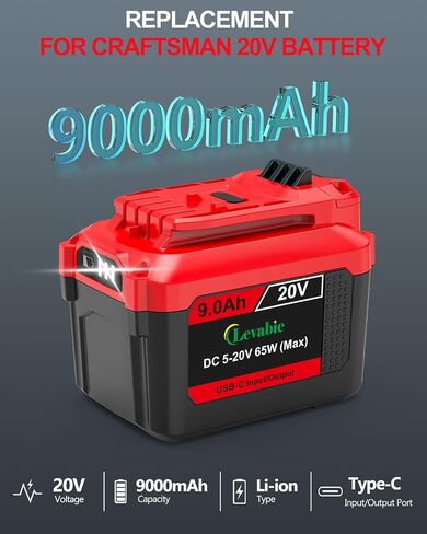 【USB-C Fast Charge】 20V9.0AH Replacement for Craftsman 20V Battery with 65W Type-C Input/Output Port, Compatible with Craftsman V20 Battery CMCB204, CMCB205, CMCB206, CMCB209, CMCB202, CMCB201 in Kuwait