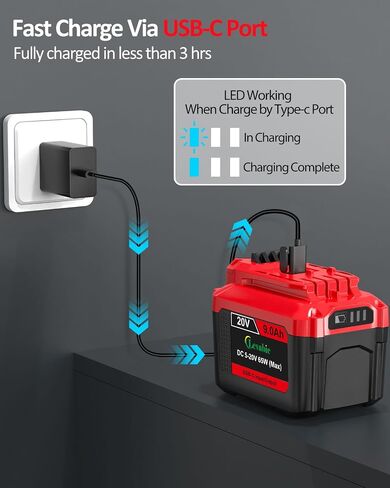 【USB-C Fast Charge】 20V9.0AH Replacement for Craftsman 20V Battery with 65W Type-C Input/Output Port, Compatible with Craftsman V20 Battery CMCB204, CMCB205, CMCB206, CMCB209, CMCB202, CMCB201 in Kuwait